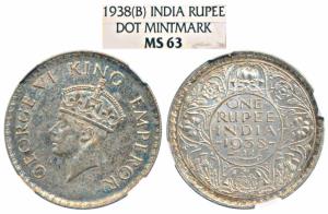 George VI, Silver Rupee, 1938, Bombay Mint, A / I / with dot, (Prid 234). Graded by NGC MS