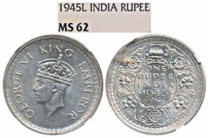 George VI, Half Silver Rupee, 1945, Lahore Mint (Prid 248). Graded by NGC MS62.