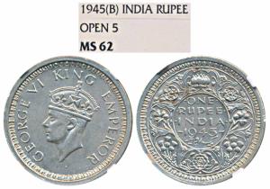 George VI, Half Silver Rupee, 1945, Bombay Mint (Prid 246). Graded by NGC MS62. Wrongly La