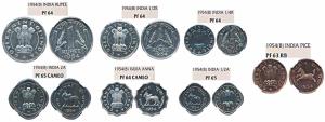 1954 Proof Set, set of 7, Pice, ½, 1 and 2 Annas, Rupee, ½ and ¼, Bombay Mint. Proof, all 