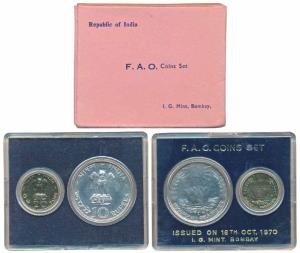 1970 Uncirculated Set, Food For All, set of 2, 20 Paise and Rupees 10. In immaculate condi