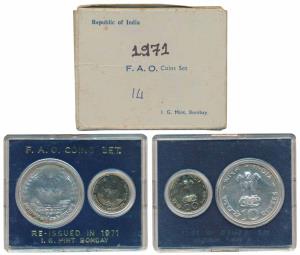 1971 Uncirculated Set, Food For All, set of 2, 20 Paise and Rupees 10. In near immaculate 
