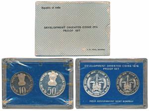 1976 Proof Set, Food and Work for All, set of 2, Rupees 10 and 50. In immaculate condition
