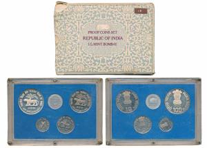 1985 Proof Set, Golden Jubilee of the Reserve Bank of India, set of 4, 50 Paise to Rupees 