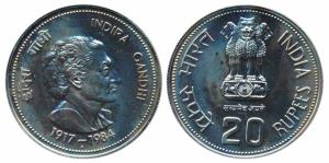 1985, Cupro-Nickel Rupees 20, Death of Indira Gandhi. Brilliant Uncirculated, within plast