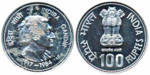 1985, Silver Rupees 100, Death of Indira Gandhi. Uncirculated, within plastic case of issu