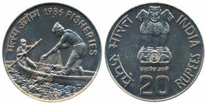 1986, Cupro-Nickel Rupees 20, Fisheries. Brilliant Uncirculated, within plastic case of is
