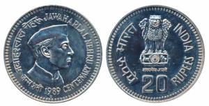 1989, Uncirculated Set, Cupro-Nickel Rupees 20, Jawaharlal Nehru Birth Centenary. Brillian