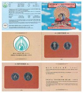1991 Uncirculated Set, India Tourism Year, set of 2, Rupee 2 and 5. In immaculate conditio