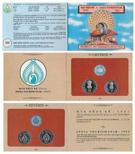 1991 Proof Set, India Tourism Year, set of 2, Rupee 2 and 5. In immaculate condition, with