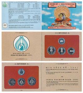1991 Proof Set, India Tourism Year, set of 3, Rupee 1, 2 & 5. In immaculate condition, wit