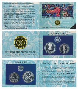 1994 Proof Set, World of Work, set of 2, Rupees 50 and 100. In immaculate condition, withi