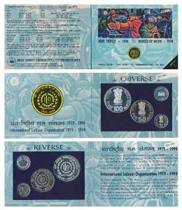 1994 Proof Set, World of work, set of 3, Rupees 5 to 100. In immaculate condition, within 