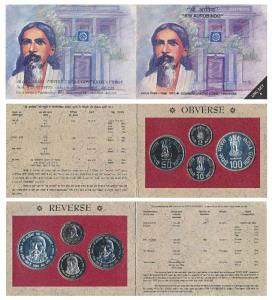 1998 Uncirculated Set, Sri Aurobindo, set of 4, Rupees 2 to 100. In near immaculate condit