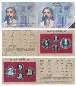1998 Proof Set, Sri Aurobindo, set of 4, Rupees 2 to 100. In immaculate condition, within 