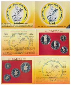 2002 Proof Set, Sant Tukaram, set of 4, Rupees 2 to 100. In immaculate condition, within o