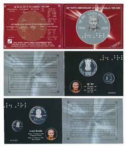 2009 Proof Set, 200th Birth Anniversary of Louis Braille, set of 2, Rupees 2 and 100. In i