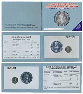 2009 Uncirculated Set, Saint Alphonso Birth Centenary, set of 2, Rupees 5 and 100. In imma