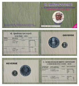2010 Uncirculated Set, C. Subramaniam Birth Centenary, set of 2, Rupees 5 and 100. In imma