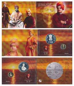 2013 Proof Set, 150th Birth Anniversary of Swami Vivekananda, set of 2, Rupees 5 and 150. 