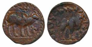 Kushanas, Kujula Kadphises, Copper, 8.49g, obv. bull walking to right with Greek legend ar