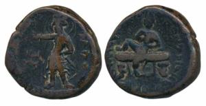 Kushanas, Huvishka (c. 152-192 AD), Copper Tetradrachm, 15.4g, obv. king nimbate reclining