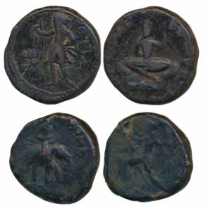 Kushanas, Huvishka, Copper Tetradrachm (2), obv. king seated cross legged on couch, rev. k