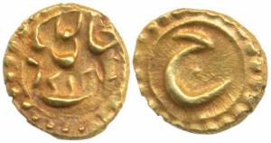Tipu Sultan, Gold Fanam, 0.37g, Khaliqabad Mint, AM 1217, complete mint name at top and da