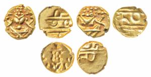 Krishna Raja Wodeyar, Gold Fanam (3), obv. Seated Narasimha, rev. Kanarese legend Kauthira