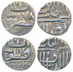 Silver Kori (2), 4.58g & 4.76g, AH (9)78 (frozen date), with the name of Muzaffar Shah III