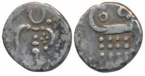 Negapatnam, Silver Fanam, obv. degenerated figure of Kali, rev. OC above lazy J, no date, 