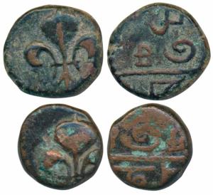 Pondicherry Mint, Copper Doudou, 4g & 3.84g,, obv. fleur-de-lis, rev. mint name in Tamil (