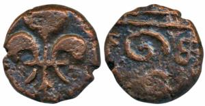 Pondicherry Mint, Copper Doudou, 3.63g, obv. fleur-de-lis, rev. mint name in tamil, (KM 35