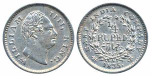 William IV, Silver ¼ Rupee, 1835, Calcutta Mint, Dug out F incuse, Wreath with 18 Berries 