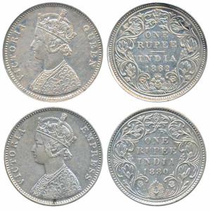Victoria Queen, Silver Rupee, 1862, A / II / 0 / 5 (Prid 92); 1880, Bombay Mint, A 3/ IV /