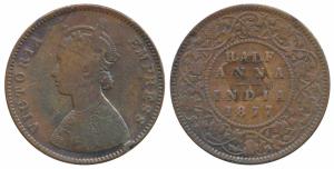 Victoria Empress, Copper ½ Anna, 1877. Fine+.