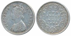 Victoria Empress, Silver 2 Annas, 1884, Bombay Mint, A / I / dot, (Prid 532). Very Fine, V