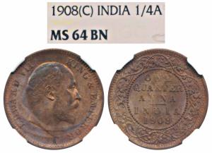 Edward VII, Copper ¼ Anna, 1908, Calcutta Mint (Prid 824). Graded by NGC MS64BN.