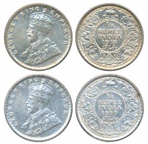 George V, Silver ¼ Rupee, 1918, Calcutta Mint, (Prid 447); 1930, Calcutta Mint, (Prid 451)