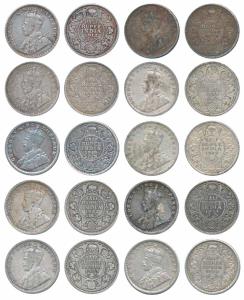 George V, Silver ½ Rupee (10), 1912, 1914, 1919, 1922, 1923, 1924, 1925, 1929, 1934, 1936.