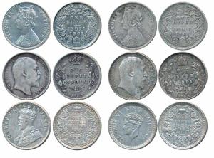 Silver Rupee (5) and Half Silver Rupee, Queen Victoria 1901 (2); Edward VII 1903 (2); Geor