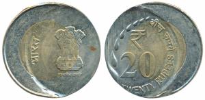 Q778C-31 Bi-metal Rupees 20, Error, 30% off center. Uncirculated.