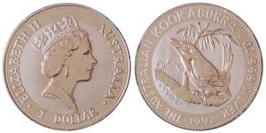 Australia, Elizabeth II, Silver 1 Dollar, 31.135g, 1992, rev. Kookaburra perched on a tree