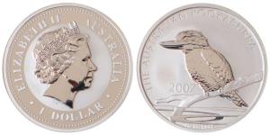Australia, Queen Elizabeth II, Silver 1 Dollar, 31.1g, 1oz, 2007, rev. Kookaburra bird (KM