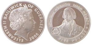 Bailiwick of Guernsey, Elizabeth II, Silver 5 Pounds, 28.28g, 2006, obv. Portrait bust of 