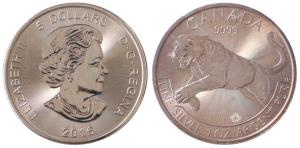 Canada, Elizabeth II, Silver 5 Dollars, 31.1g, a cougar leaping toward its prey, 2016. Unc