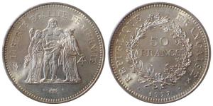 France, Silver 50 Francs, 29.75g, 1977, obv. Hercules group, rev. Denomination within wrea