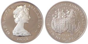 Gibraltar, Elizabeth II, Silver 25 New Pence, 28.28g, 1972, Silver Wedding Anniversary (KM