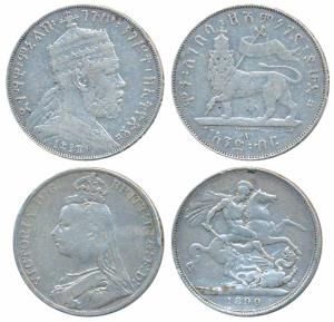 Great Britain, Victoria, Silver Crown, 27.56g, 1890; Ethopia, King Menelik II, Silver 1 Ge