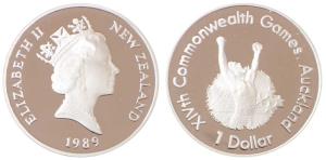 New Zealand, Elizabeth II, Silver 1 Dollar, 27.2g, 1989.Sub: XIV Commonwealth Games, Auckl